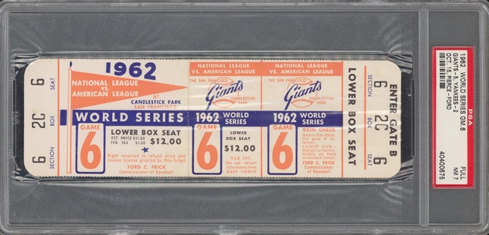 1962 World Series Game 6 Full Ticket - Maris Home Run - PSA 7 NM 